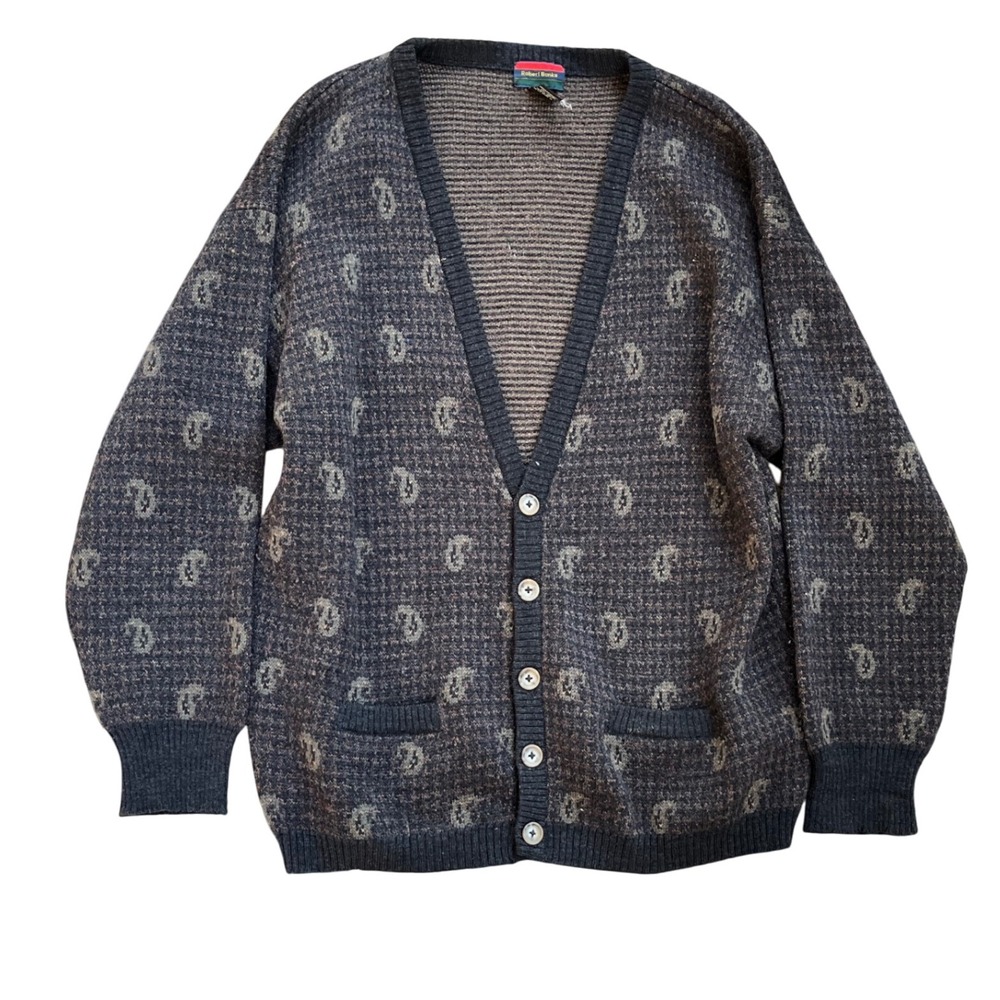 Vintage Robert Banks Merino Wool Paisley Cardigan Sweater Grandpa Knit, Size XL‎